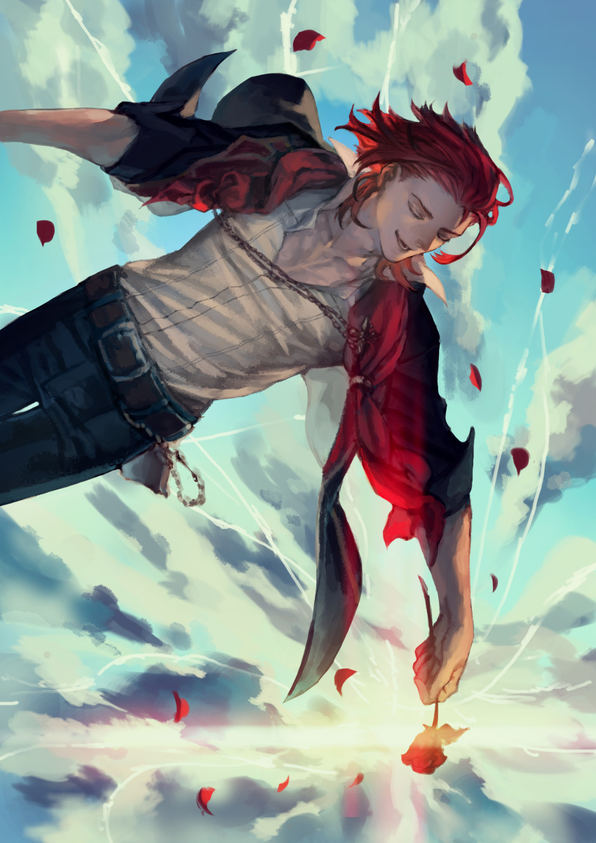 1boy absurdres belt black_pants closed_eyes cloud flower granblue_fantasy highres holding holding_flower jacket male_focus open_mouth pants percival_(granblue_fantasy) petals red_flower red_hair red_rose rose sarry23 shirt sky solo sunlight white_shirt