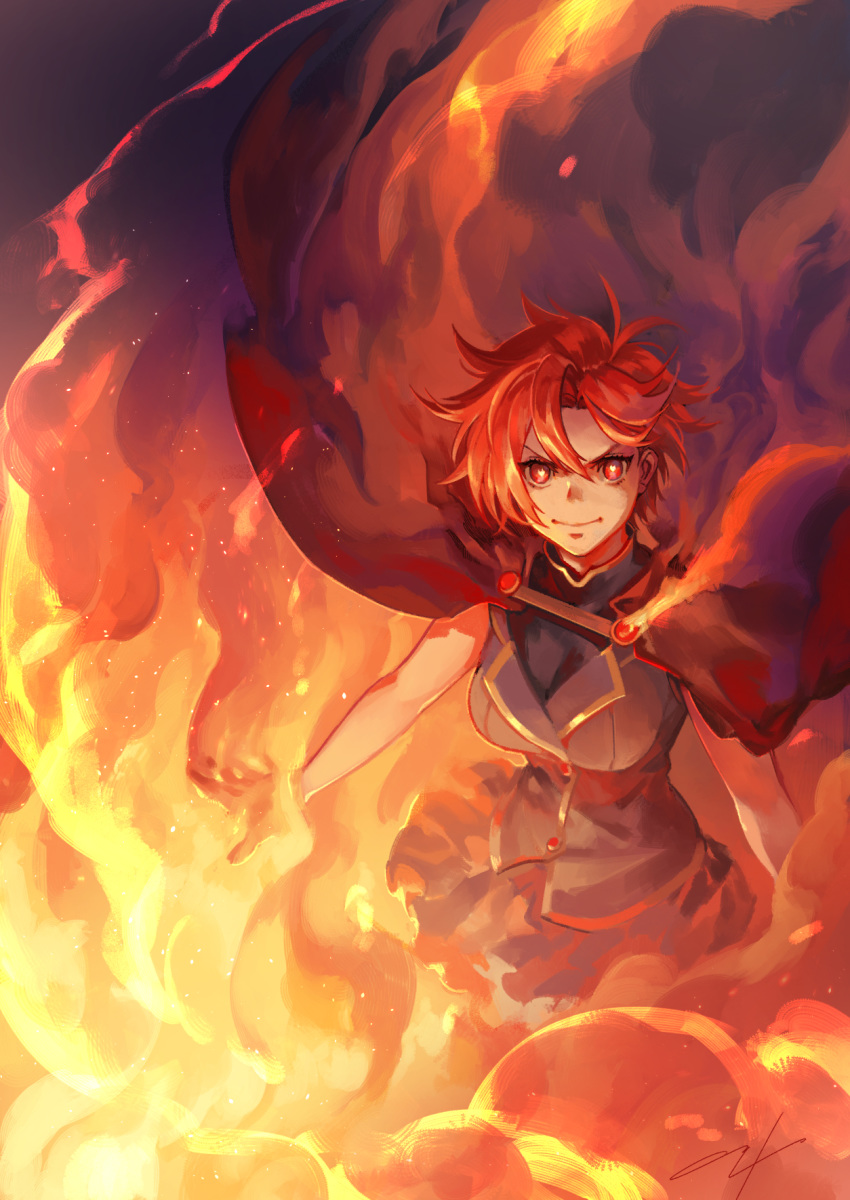 &gt;:) 1girl aureolin31 bangs cape fire heart heart-shaped_pupils highres looking_at_viewer messy_hair miniskirt orange_theme pixiv_fantasia pixiv_fantasia_age_of_starlight red_cape red_eyes red_hair short_hair signature skirt sleeveless sleeveless_jacket smile solo symbol-shaped_pupils v-shaped_eyebrows
