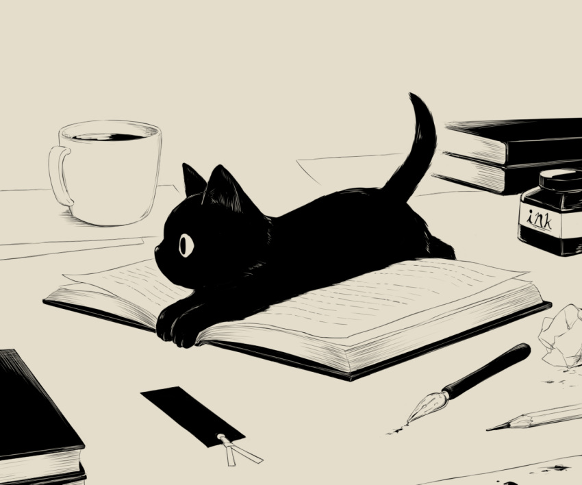 animal animal_focus avogado6 black_cat book bookmark cat cat_focus crumpled_paper cup drink fountain_pen from_side ink ink_bottle looking_away lying monochrome no_humans on_stomach open_book original paper pen pencil sepia solo