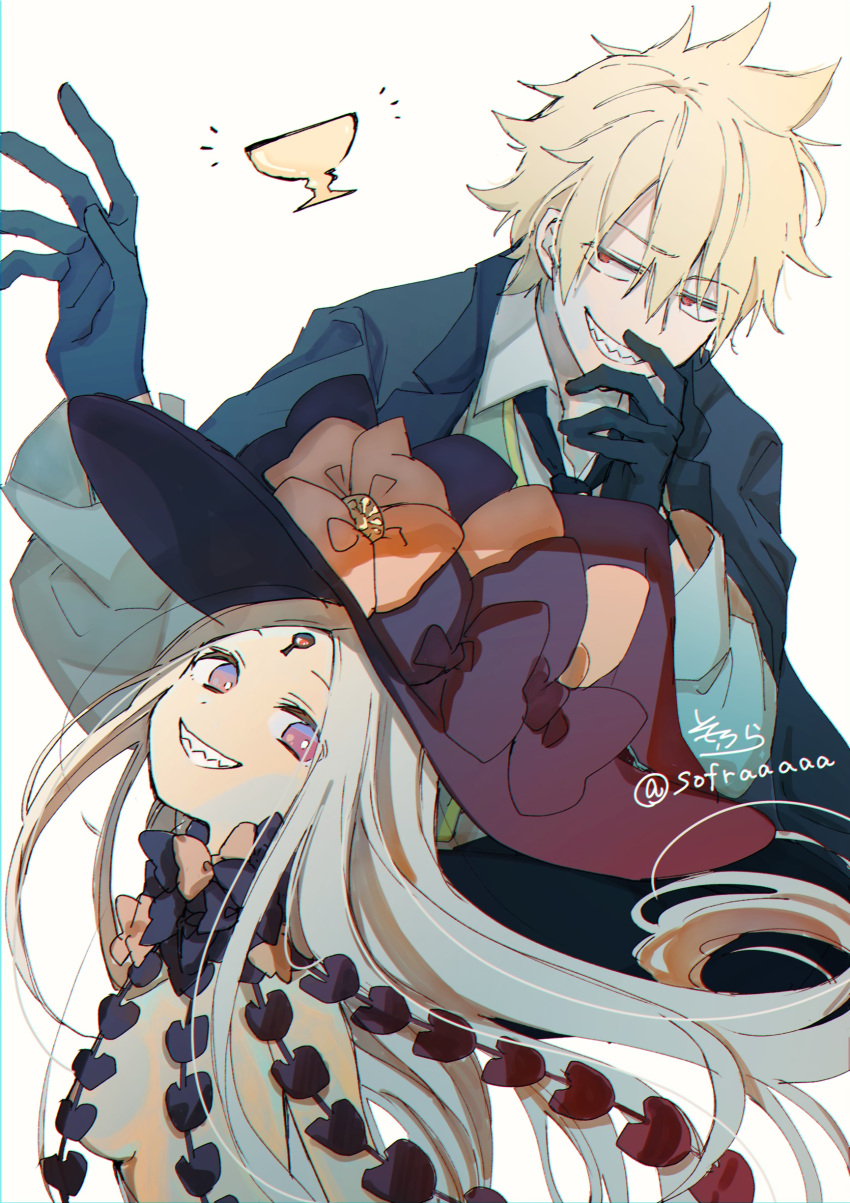 1boy 1girl abigail_williams_(fate/grand_order) absurdres bangs black_bow black_gloves black_headwear black_neckwear blonde_hair blue_jacket bow breasts chalice collared_shirt commentary_request eyebrows_visible_through_hair fate/grand_order fate_(series) gloves grey_hair grin hair_between_eyes hat hat_bow highres holy_grail_(fate) jacket jekyll_and_hyde_(fate) long_hair long_sleeves open_clothes open_jacket orange_bow parted_bangs red_eyes revealing_clothes sharp_teeth shirt signature simple_background small_breasts smile sofra teeth twitter_username very_long_hair white_background white_shirt witch_hat