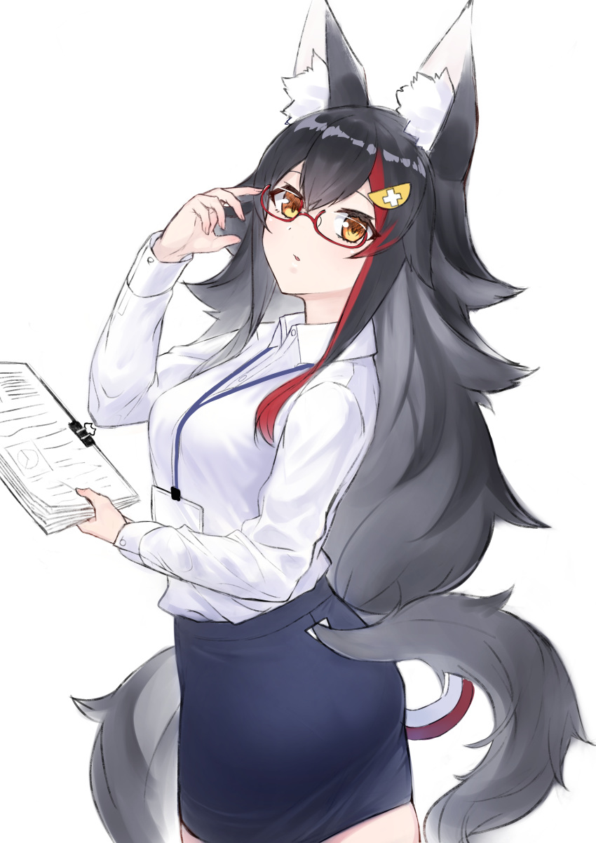 1girl absurdres adjusting_eyewear alternate_costume animal_ear_fluff animal_ears ass black_hair black_skirt breasts collared_shirt cowboy_shot expressionless glasses hair_ornament highres hololive lanyard long_hair long_sleeves looking_at_viewer medium_breasts miniskirt multicolored_hair name_tag office_lady ookami_mio orange_eyes paperclip papers parted_lips red_hair shirt simple_background skirt solo tail two-tone_hair virtual_youtuber white_background white_shirt wolf_ears wolf_tail yamabuki7979