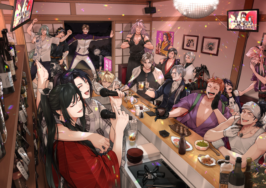 6+boys ^_^ alcohol amazake_(drink) aqua_hair bandana bar beer black_gloves black_hair blonde_hair bottle brown_hair chiyoganemaru choko_(cup) chopsticks clenched_hands closed_eyes cup daihannya_nagamitsu_(touken_ranbu) disco_ball drunk earrings facial_hair food fudou_yukimitsu gloves heshikiri_hasebe highres ichigo_hitofuri iwatooshi jacket japanese_clothes jewelry jirou_tachi karaoke kogarasumaru_(touken_ranbu) long_hair male_focus microphone monocle mug multiple_boys music mutsu-no-kami_yoshiyuki nansen_ichimonji necklace nihongou_(touken_ranbu) orange_hair pink_hair plate ponytail purple_hair red_eyes sanchoumou satorou sengo_muramasa_(touken_ranbu) shizukagata_naginata singing sliding_doors souza_samonji stubble tank_top tarou_tachi tomoegata_naginata touken_ranbu track_jacket track_suit very_long_hair white_gloves yamanbagiri_chougi yellow_eyes