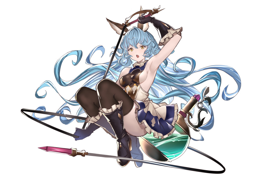 1girl absurdres animal_ears arm_up armpits backless_dress backless_outfit bangs black_footwear black_gloves black_legwear blue_hair blue_skirt boots breasts bunny_ears dress elbow_gloves erune ferry_(granblue_fantasy) flask frilled_gloves frills gloves granblue_fantasy hair_between_eyes highres holding_whip jikatarou knee_boots long_hair looking_at_viewer medium_breasts open_mouth round-bottom_flask sideboob simple_background skirt solo thighhighs thighhighs_under_boots very_long_hair wavy_hair whip white_background yellow_eyes