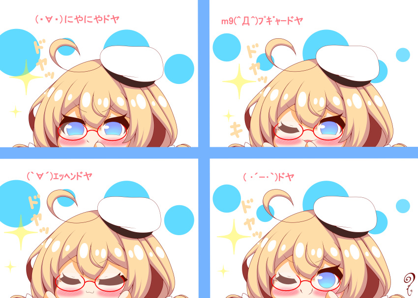 1girl ;) absurdres ahoge bangs beret blue_eyes blush_stickers chibi commentary_request doyagao eyebrows_visible_through_hair glasses hair_between_eyes hand_up hands_up hat highres i-8_(kantai_collection) kantai_collection kurukurumagical light_brown_hair one_eye_closed parted_lips red-framed_eyewear semi-rimless_eyewear smile smug sparkle translation_request under-rim_eyewear white_headwear