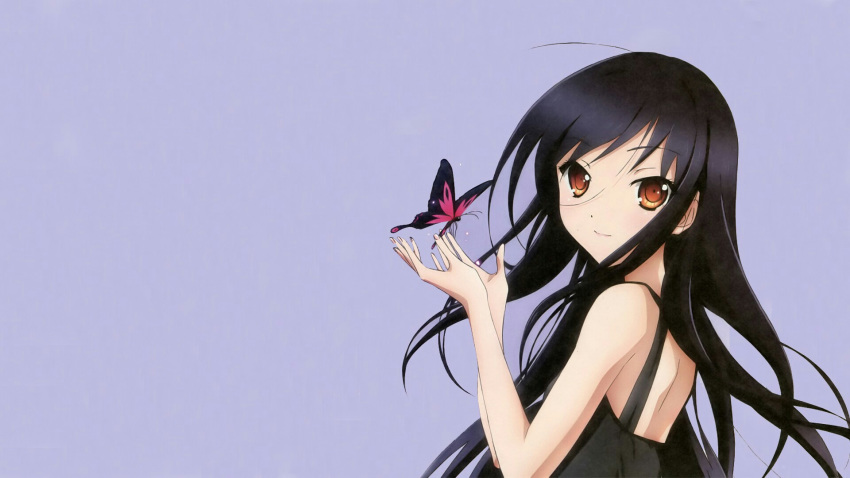 1girl accel_world back black_dress black_hair blue_background brown_eyes bug butterfly closed_mouth dress from_side hands_up highres insect kuroyukihime long_hair looking_at_viewer open_hands pink_butterfly skinny smile solo user_hvws5422