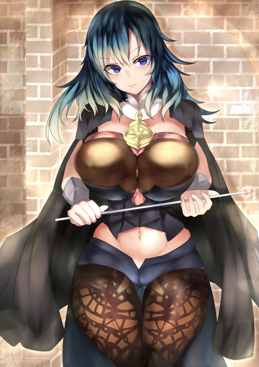 1girl absurdres alternate_breast_size armor ass_visible_through_thighs bangs between_breasts black_armor black_cape black_shorts blue_eyes blue_hair breasts brick_wall brown_legwear byleth_(fire_emblem) byleth_(fire_emblem)_(female) cape closed_mouth commentary_request cowboy_shot detached_collar emblem eyebrows_visible_through_hair fire_emblem fire_emblem:_three_houses frown groin hair_between_eyes head_tilt highres holding_pointer huge_breasts looking_at_viewer medium_hair midriff navel pantyhose patterned_clothing pointer short_shorts shorts shoulder_pads sidelocks solo sparkle standing tassel tea_texiamato thigh_gap wrist_guards