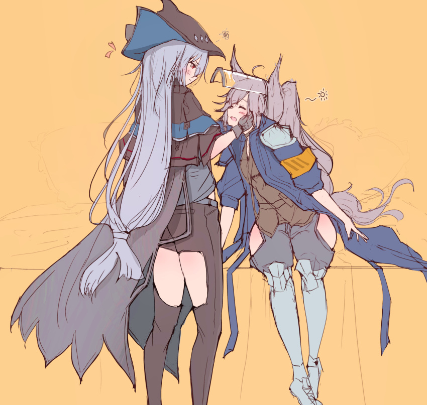 2girls animal_ears arknights blush chaps closed_eyes commentary_request gloves grani_(arknights) grey_hair haguruma_(hagurumali) height_difference helmet highres holding_another's_head horse_ears long_hair multiple_girls skadi_(arknights) thighs yuri