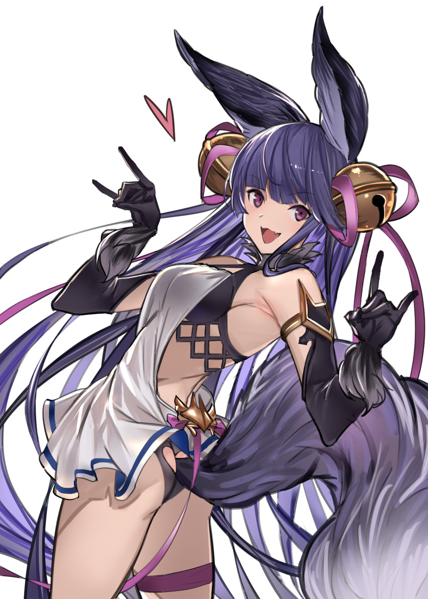 1girl absurdres animal_ears armlet ass backless_dress backless_outfit bangs bare_shoulders bell bikini black_bikini black_gloves blue_hair blush breasts dress elbow_gloves erune fang fox_ears fox_shadow_puppet fox_tail fur_trim gloves granblue_fantasy hair_bell hair_ornament hands_up heart highres jikatarou jingle_bell large_breasts long_hair looking_at_viewer open_mouth purple_eyes short_dress simple_background smile solo swimsuit tail thighs very_long_hair white_background white_dress yuel_(granblue_fantasy)