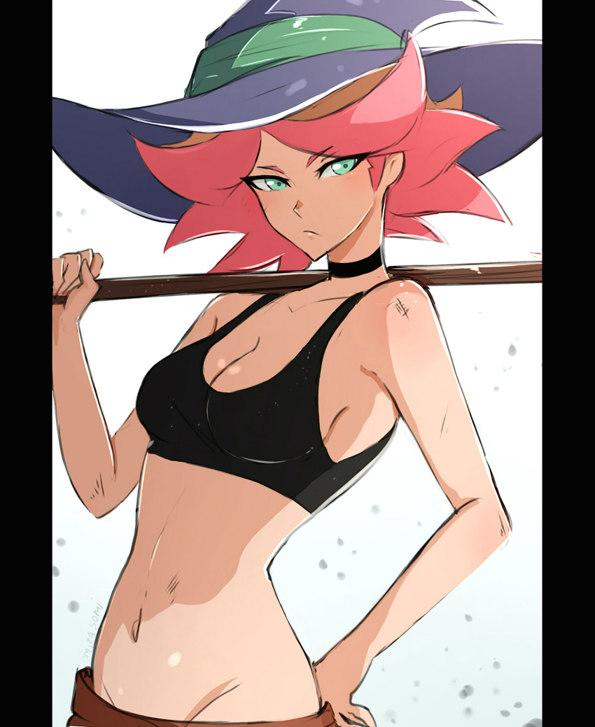1girl amanda_o'neill black_choker breasts broom choker cleavage green_eyes hat highres little_witch_academia looking_at_viewer midriff multicolored_hair navel omiza_somi orange_hair short_hair simple_background solo sports_bra witch_hat