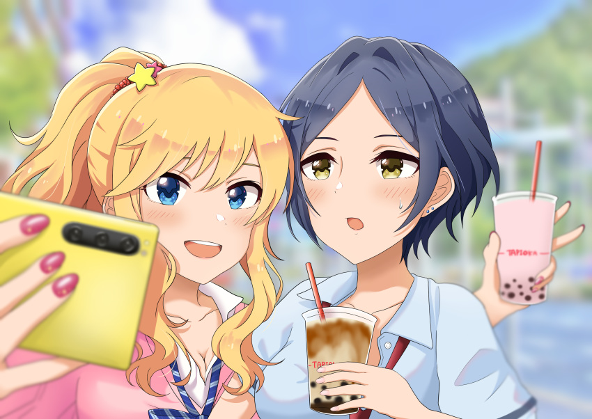 2girls absurdres bangs blonde_hair blue_eyes blush breasts brown_eyes bubble_tea cleavage collarbone commentary_request hair_ornament hayami_kanade highres holding holding_phone idolmaster idolmaster_cinderella_girls large_breasts long_hair looking_at_another looking_at_viewer multiple_girls ootsuki_yui open_mouth parted_bangs phone pink_nails ponytail rrtp short_hair smile wavy_hair