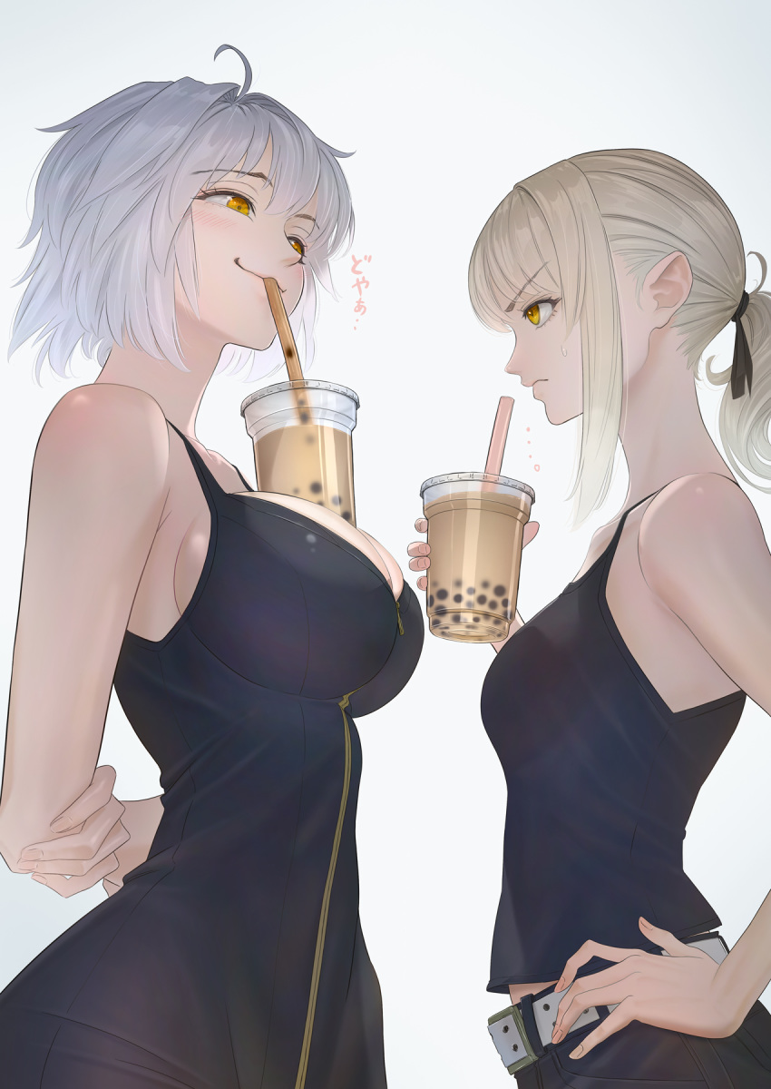 2girls artoria_pendragon_(all) bangs belt black_dress black_halter_top black_shorts blonde_hair blue_background braid breasts bubble_tea_challenge dark_persona dress excalibur fate/grand_order fate_(series) french_braid gothic_lolita highres imizu_(nitro_unknown) jeanne_d'arc_(alter)_(fate) jeanne_d'arc_(fate)_(all) jet_black_king_of_knights_ver._shinjuku_1999 large_breasts lolita_fashion multiple_girls ponytail saber_alter short_hair shorts sidelocks silver_hair small_breasts smirk tsurime white_belt wicked_dragon_witch_ver._shinjuku_1999 yellow_eyes