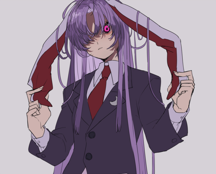 1girl animal_ears bangs blazer blouse bunny_ears buttons closed_mouth collared_blouse crescent crescent_moon_pin grey_background holding_ears imperishable_night jacket lapel_pin lavender_hair long_hair looking_at_viewer marimo_tarou moon_rabbit necktie pink_eyes purple_hair red_neckwear reisen_udongein_inaba solo touhou white_blouse