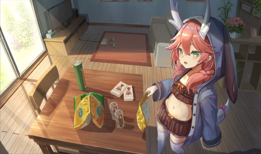 1girl animal_ears azur_lane black_skirt bunny_ears carpet chair chips commentary_request couch crop_top dragon_girl dragon_horns dragon_tail fake_animal_ears floppy_ears food from_above game_console green_eyes holding hood hooded_jacket horns indoors jacket living_room long_hair long_sleeves looking_at_viewer loungewear midriff miniskirt navel open_clothes open_jacket open_mouth orange_hair plant pleated_skirt pocky potato_chips potted_plant ribbon ryuujou_(azur_lane) ryuujou_(slacking_samurai)_(azur_lane) skirt smile solo standing stomach sunlight table tail tail_ribbon television thighhighs white_legwear wide_shot yu_ni_t zettai_ryouiki