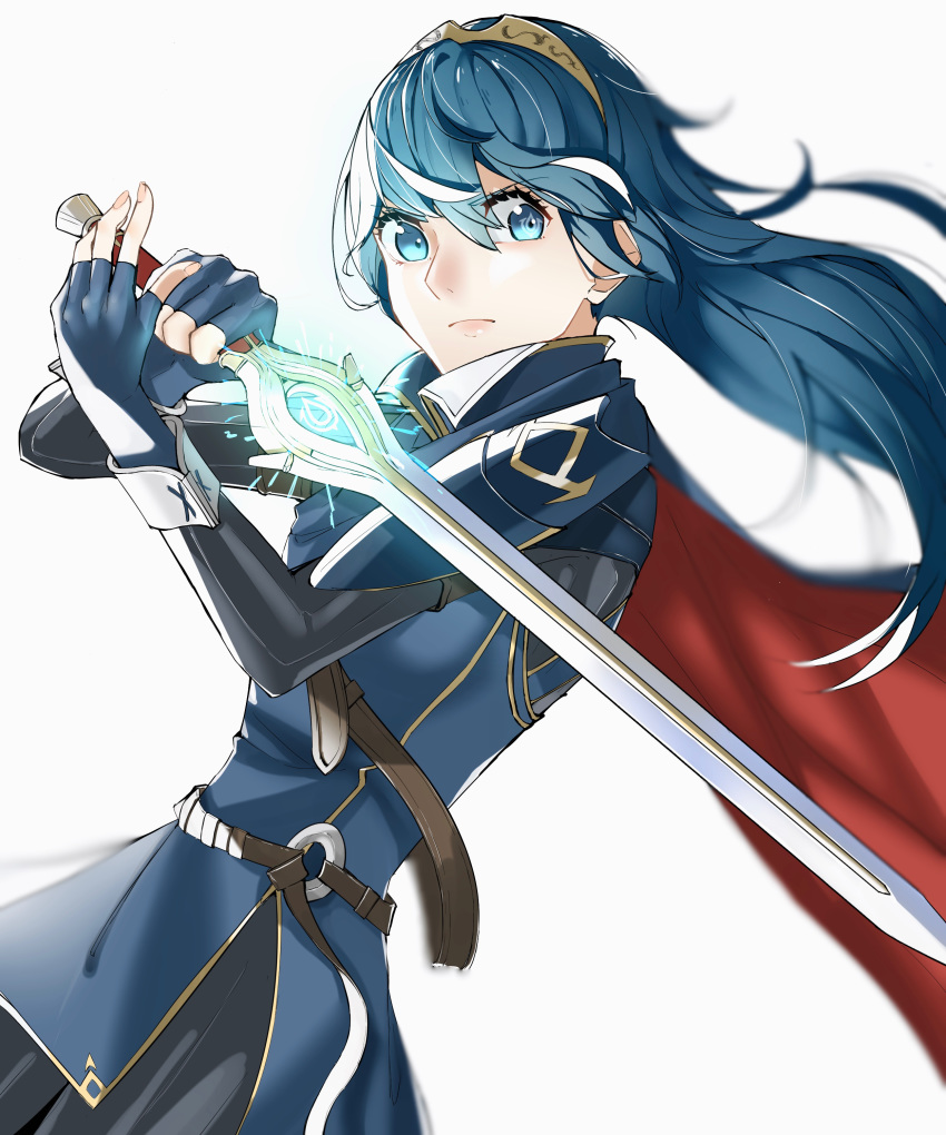 1girl absurdres belt blue_cape blue_eyes blue_gloves blue_hair blue_tunic blurry bodysuit_under_clothes breasts cape cowboy_shot depth_of_field eyelashes falchion_(fire_emblem) fingerless_gloves fire_emblem fire_emblem_awakening gloves glowing glowing_sword glowing_weapon hairband highres lips long_hair looking_at_viewer lucina_(fire_emblem) simple_background small_breasts solo straight_hair sword symbol-shaped_pupils tpicm tunic weapon white_background wind