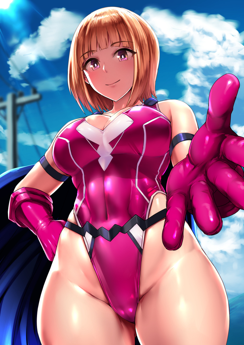 bangs bare_shoulders blonde_hair breasts cleavage closed_mouth commentary_request covered_navel elbow_gloves eyebrows_visible_through_hair from_above gloves hand_on_hip highleg highres ishimiso_(ishimura) large_breasts looking_at_viewer original outdoors outstretched_arm purple_eyes short_hair skindentation sky smile superhero wide_hips