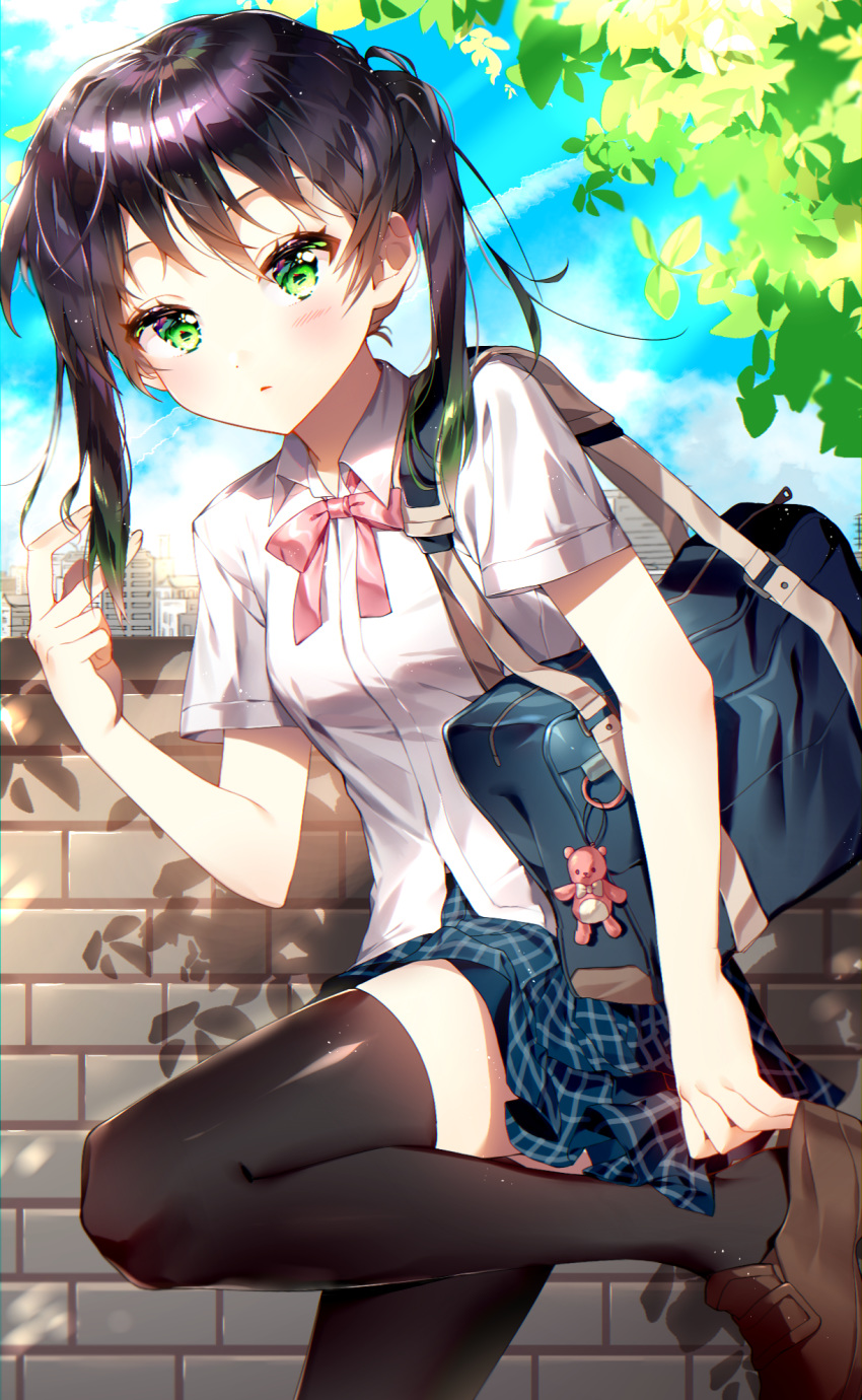 1girl adjusting_clothes adjusting_shoe anata-chan_(love_live!) bag bag_charm bangs bear_charm black_hair black_legwear blue_sky brick_wall brown_footwear charm_(object) city colored_tips cowboy_shot day green_eyes green_hair hair_tousle healthfairy highres light_blush looking_at_viewer love_live! multicolored_hair outdoors perfect_dream_project pink_ribbon plaid plaid_skirt pleated_skirt red_ribbon ribbon school_uniform shirt shoes short_sleeves shoulder_bag skirt sky solo thighhighs twintails two-tone_hair untucked_shirt wall zettai_ryouiki