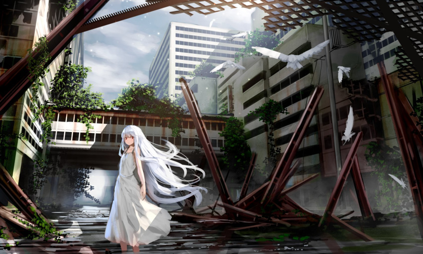 1girl arms_at_sides bangs building cloud cloudy_sky day dress haru_(ryosios) highres long_hair looking_at_viewer original outdoors overgrown post-apocalypse red_eyes ruins ryosios sky skybridge skyway solo standing steel_beam sunlight very_long_hair wading white_bird white_dress wide_shot wind