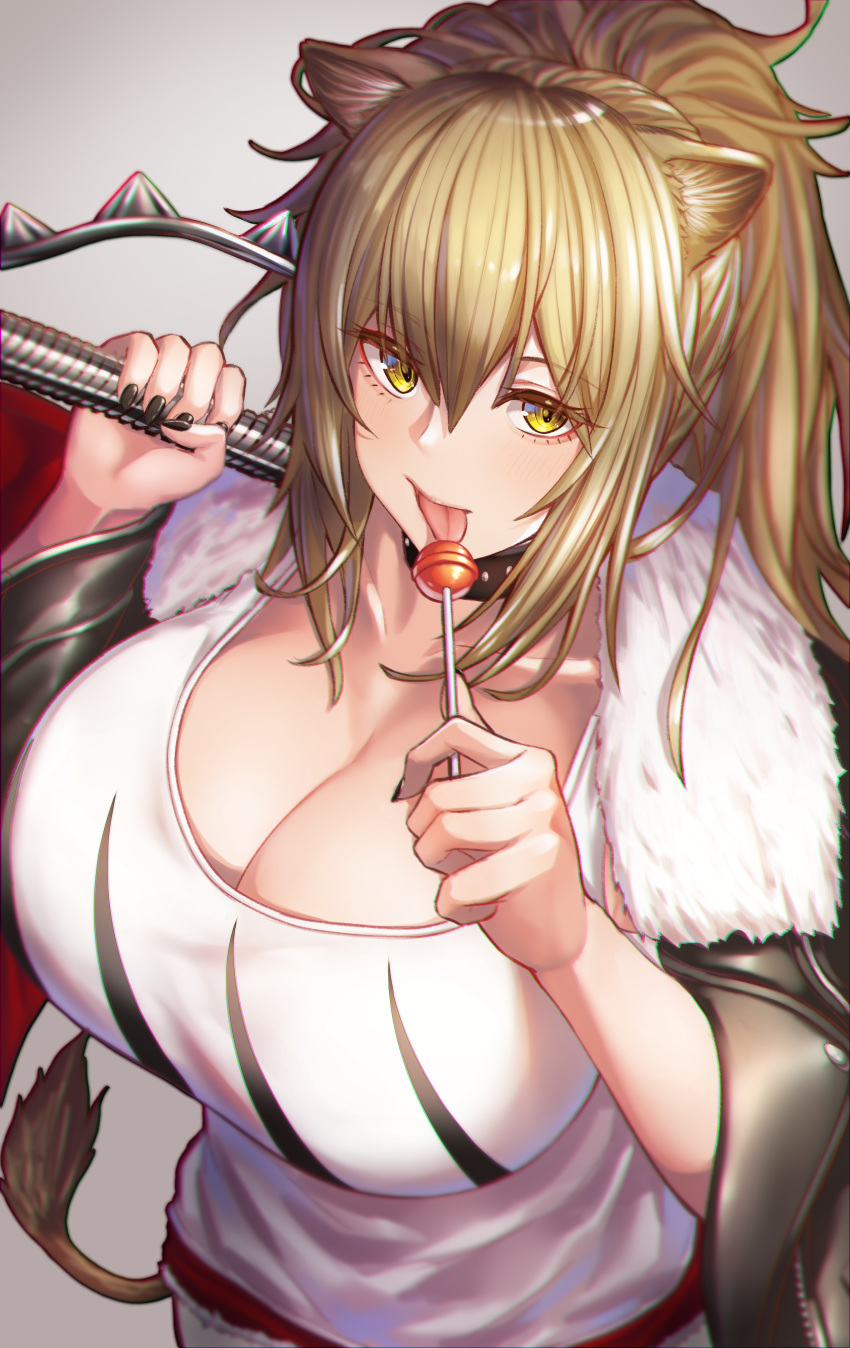 1girl absurdres arknights black_nails blonde_hair breasts candy cleavage collar collarbone commentary_request eyebrows_visible_through_hair food fur_trim gradient gradient_background grey_background highres huge_breasts lollipop looking_at_viewer nail_polish ponytail short_hair siege_(arknights) solo tail takechii_(user_fpya5735) tongue tongue_out yellow_eyes