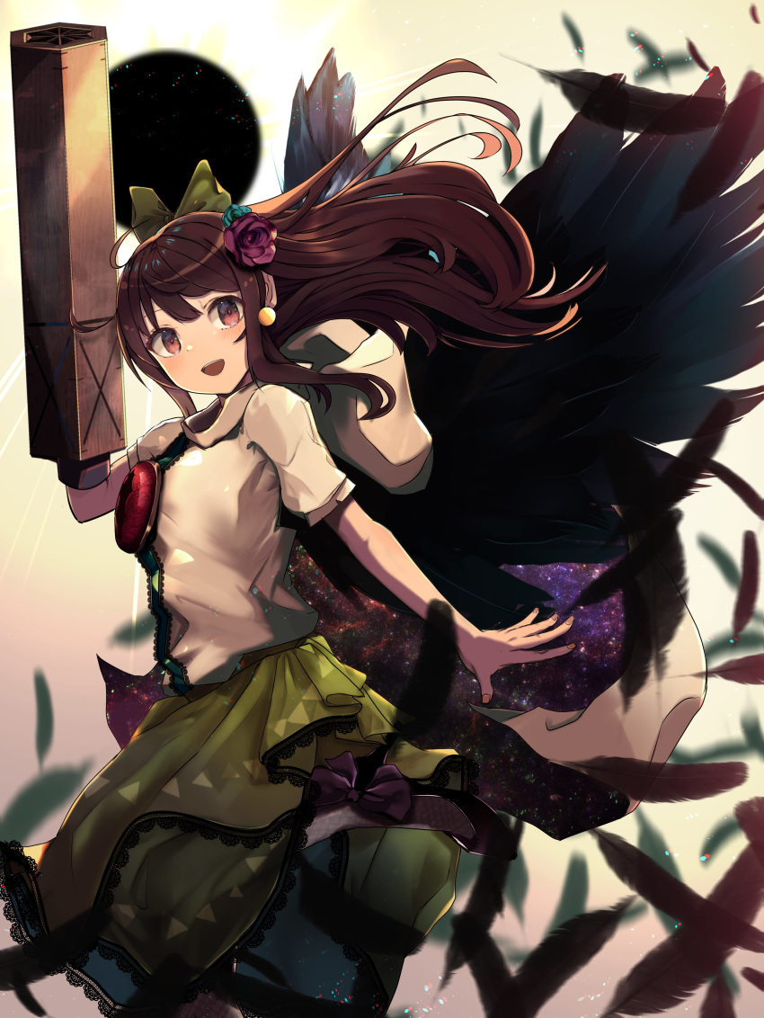 1girl absurdres arm_cannon arm_up black_sun black_wings bow breasts brown_hair cape feathered_wings feathers floating_hair flower green_bow green_skirt hair_bow hair_flower hair_ornament highres kurowa_(curowa) long_hair looking_at_viewer medium_breasts puffy_short_sleeves puffy_sleeves red_eyes reiuji_utsuho shirt short_sleeves skirt smile solo sun third_eye touhou weapon white_cape white_shirt wings