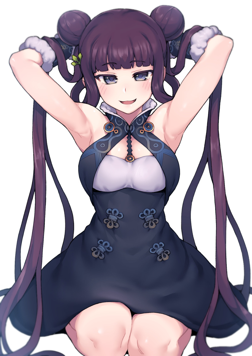 1girl armpits arms_behind_head arms_up bare_shoulders black_dress blue_eyes blunt_bangs blush breasts china_dress chinese_clothes detached_sleeves double_bun dress fate/grand_order fate_(series) hair_bun hair_ornament hand_in_own_hair hands_in_hair highres jp06 large_breasts long_hair looking_at_viewer open_mouth purple_hair seiza short_dress sidelocks simple_background sitting smile solo twintails very_long_hair white_background yang_guifei_(fate) yang_guifei_(first_ascension)_(fate)