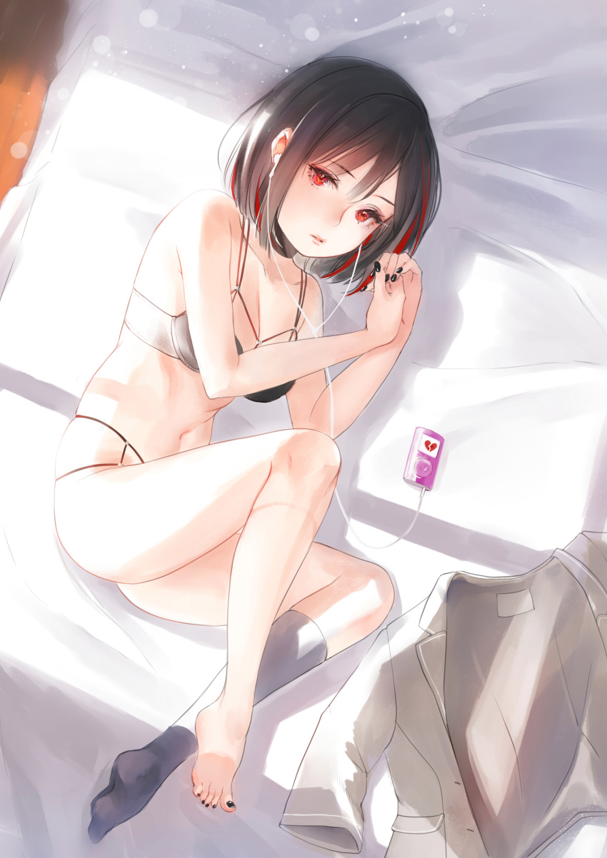 1girl absurdres bang_dream! bangs black_bra black_fingernails black_hair black_legwear black_toenails bra breasts broken_heart cleavage commentary_request digital_media_player earphones eden_(edensong22) eyebrows_visible_through_hair eyelashes full_body grey_shirt highres ipod kneehighs lips lying mitake_ran multicolored_hair nail_polish navel on_bed on_side panties red_eyes red_hair school_uniform shirt shirt_removed short_hair single_kneehigh solo streaked_hair toes underwear underwear_only white_panties