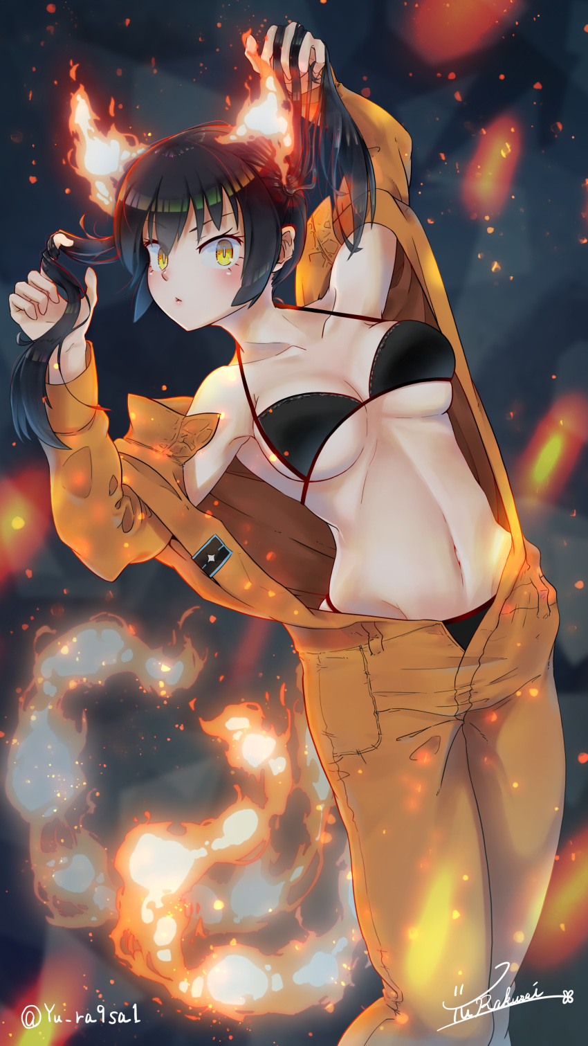 1girl absurdres armpits bangs bare_shoulders bikini black_background black_bikini black_hair breasts cleavage closed_mouth collarbone commentary_request completion_time cowboy_shot en'en_no_shouboutai eyebrows_visible_through_hair facing_to_the_side fiery_ears fiery_tail fire groin hair_between_eyes hands_up highres holding holding_hair long_sleeves looking_at_viewer medium_breasts midriff navel off_shoulder open_jumpsuit orange_jumpsuit signature solo standing swimsuit tail tamaki_kotatsu twintails twitter_username underboob yellow_eyes yurakusai