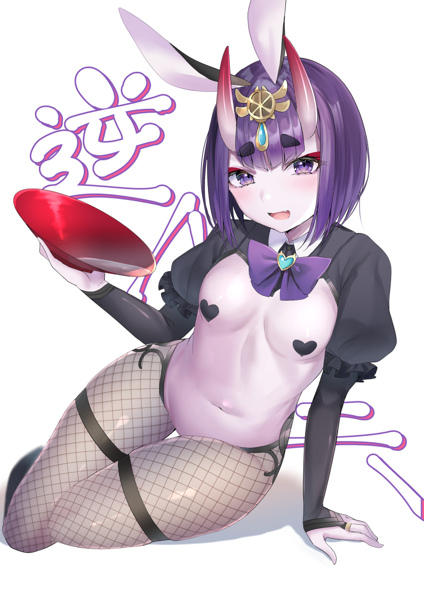 1girl absurdres animal_ears bangs blush bob_cut breasts bunnysuit cropped_jacket eyeliner fake_animal_ears fate/grand_order fate_(series) fou_(ssqseeker) headpiece highres horns long_sleeves looking_at_viewer makeup navel oni oni_horns open_mouth purple_eyes purple_hair revealing_clothes reverse_bunnysuit reverse_outfit short_eyebrows short_hair shrug_(clothing) shuten_douji_(fate/grand_order) simple_background skin-covered_horns smile solo white_background