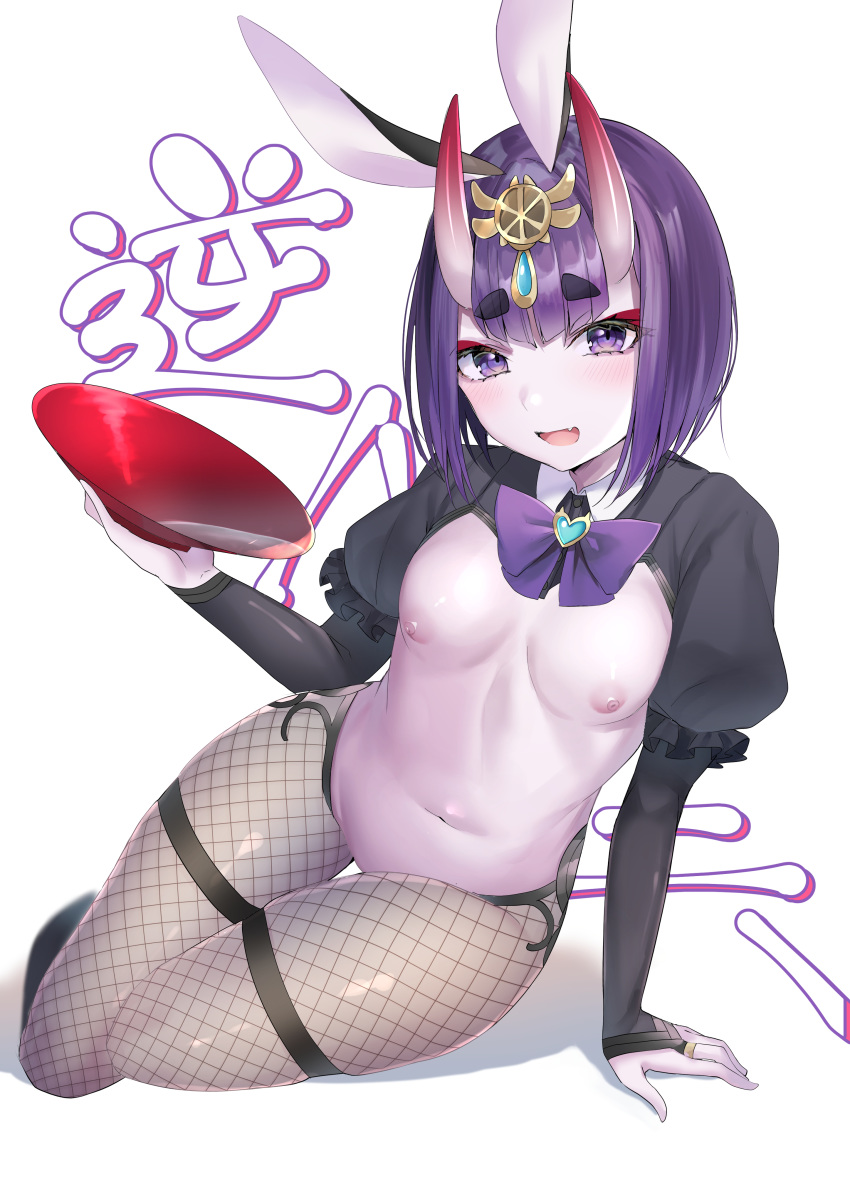 1girl absurdres animal_ears bangs blush bob_cut breasts bunnysuit cropped_jacket eyeliner fake_animal_ears fate/grand_order fate_(series) fou_(ssqseeker) headpiece highres horns long_sleeves looking_at_viewer makeup navel nipples oni oni_horns open_mouth purple_eyes purple_hair revealing_clothes reverse_bunnysuit reverse_outfit short_eyebrows short_hair shrug_(clothing) shuten_douji_(fate/grand_order) simple_background skin-covered_horns smile solo white_background