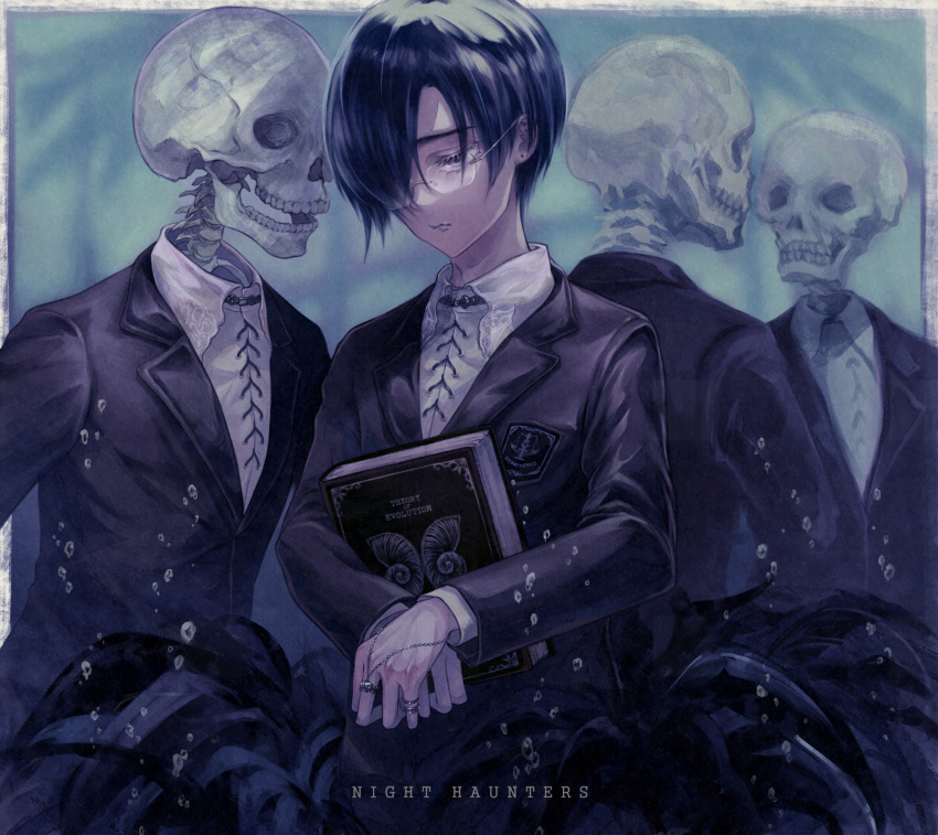 1boy 3others aki_(xxparadexx) bangs black_hair black_jacket blazer bubble collared_shirt earrings glasses hair_over_one_eye highres jacket jewelry male_focus multiple_others original plant ring shirt skeleton skull stud_earrings white_shirt