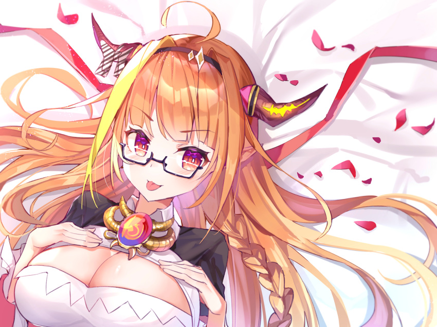1girl :p ahoge bangs bed_sheet black-framed_eyewear black_hairband blonde_hair bow braid breasts brown_hair cleavage closed_mouth diagonal-striped_bow diagonal_stripes eyebrows_visible_through_hair hairband hands_on_own_chest hands_up highres hololive horn_bow horns kiryuu_coco kokuri89490047 large_breasts long_hair lying multicolored_hair on_back petals red_eyes semi-rimless_eyewear short_sleeves smile solo streaked_hair striped striped_bow tongue tongue_out under-rim_eyewear upper_body v-shaped_eyebrows virtual_youtuber