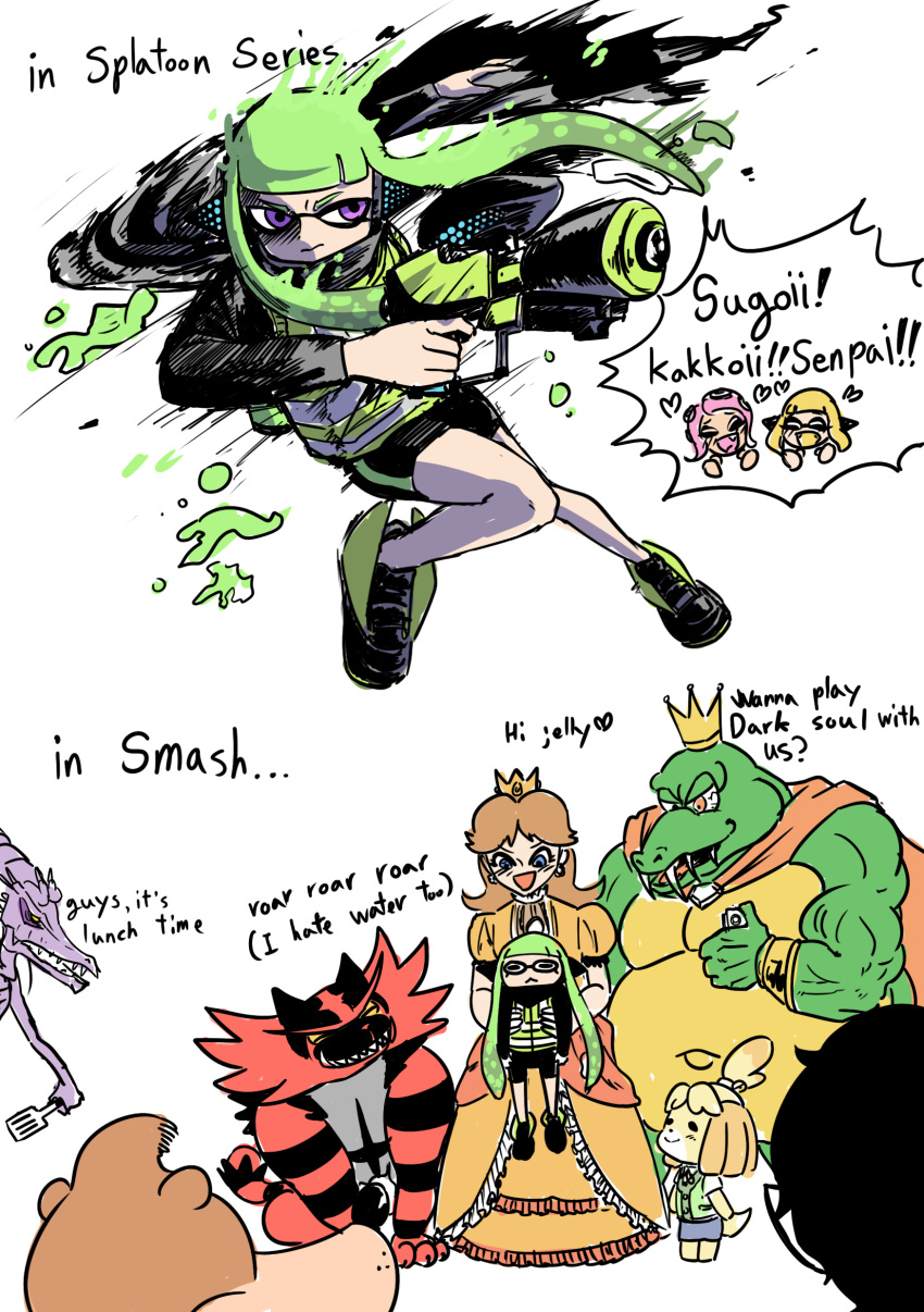 2boys 5girls absurdres agent_4_(splatoon) agent_8_(splatoon) bangs banjo_(banjo-kazooie) blue_eyes blush brown_hair chibi crown dress english_text fangs gun heart highres holding holding_another holding_gun holding_weapon incineroar ink inkling king_k._rool multiple_boys multiple_girls open_mouth orange_eyes princess_daisy purple_eyes ridley serious shizue_(doubutsu_no_mori) shoes shorts sitting smile sneakers spatula speed_lines splatoon_(series) squidbeak_splatoon super_smash_bros. weapon white_background