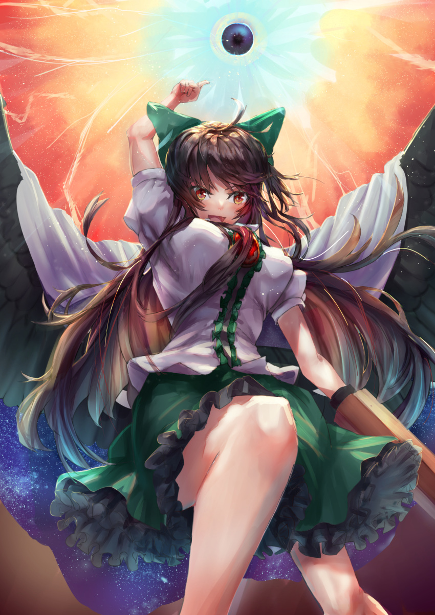 absurdres arm_cannon asllapistone bare_knees breasts brown_hair cape frills from_below green_skirt highres long_hair looking_at_viewer open_mouth pointing pointing_up red_eyes reiuji_utsuho shirt skirt touhou weapon white_shirt wings