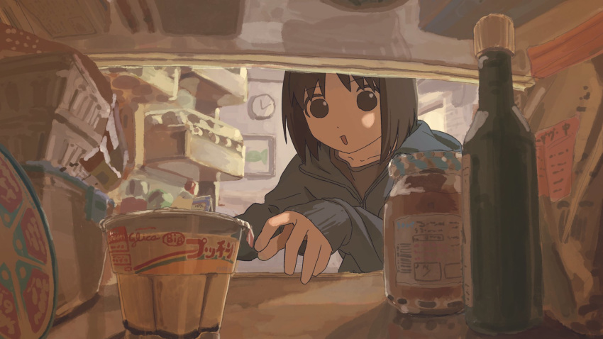 1girl animal_ears blue_hoodie bottle brown_eyes brown_hair clock food highres hood hood_down hoodie jar long_sleeves nerio_(neri_akira) no_pupils open_mouth opening original pudding reaching_out refrigerator refrigerator_interior short_hair sleeves_past_wrists solo wall_clock