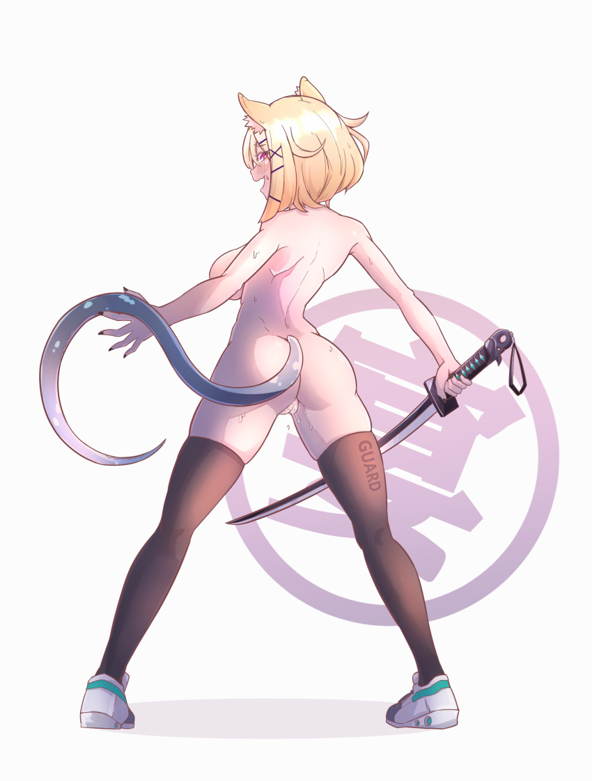 1girl absurdres animal_ears arknights ass breasts brown_legwear butt_crack from_behind highres holding holding_sword holding_weapon kanji large_breasts lion_ears lion_girl lion_tail open_mouth pussy red_eyes shoes sneakers sword tail thighhighs utage_(arknights) weapon white_background xia_wanzi