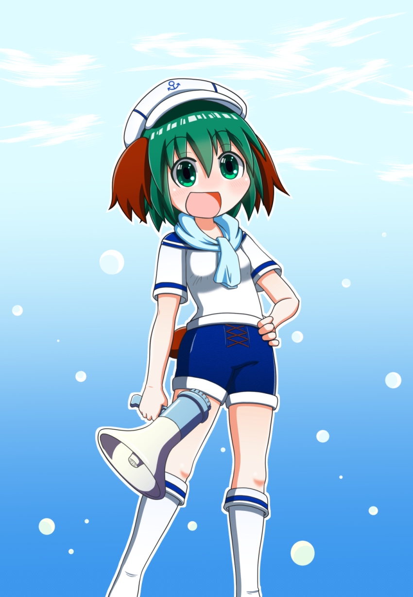 1girl :d air_bubble alternate_costume anchor_symbol animal_ears arm_at_side blue_background blue_sailor_collar blue_scarf blue_shorts blue_sky breasts bubble cloud commentary_request contrapposto eyebrows_visible_through_hair feet_out_of_frame gradient gradient_background green_eyes green_hair hair_between_eyes hand_on_hip hat highres holding_megaphone kasodani_kyouko kneehighs looking_at_viewer megaphone open_mouth outline partial_commentary rakugaki-biyori sailor_collar sailor_hat scarf shirt short_hair short_sleeves shorts sky small_breasts smile solo tail touhou white_headwear white_legwear white_shirt