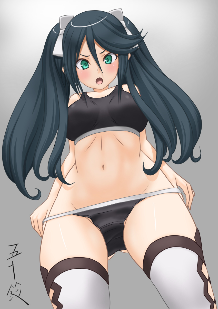 1girl bangs black_sports_bra blue_eyes blue_hair character_name commentary_request from_below hair_between_eyes hair_ribbon highres isuzu_(kantai_collection) kantai_collection long_hair looking_at_viewer midriff navel open_mouth ribbon solo sports_bikini sports_bra t2r thighhighs twintails undressing white_legwear white_ribbon