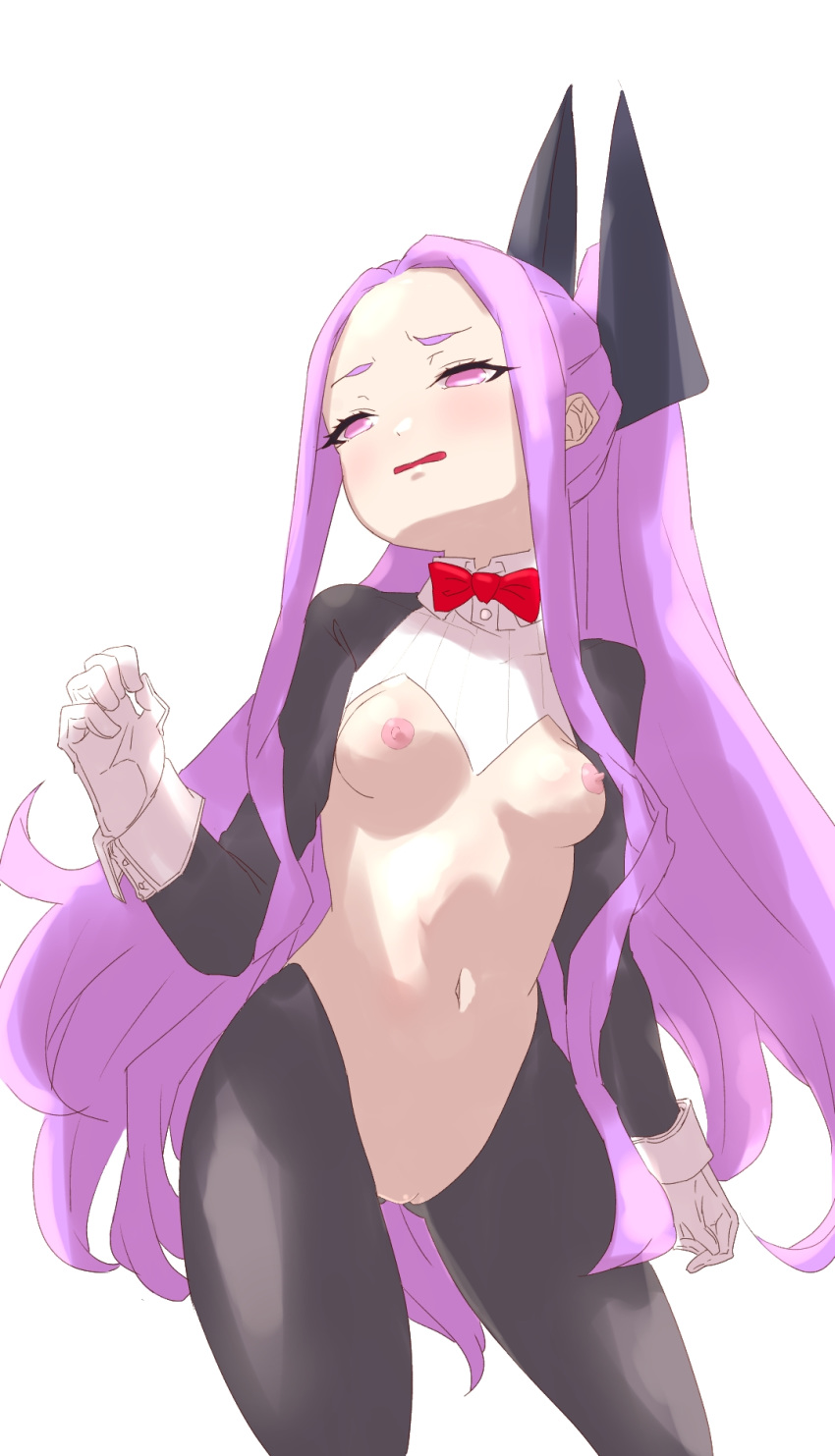 1girl bangs black_jacket black_legwear blush bow bowtie breasts cropped_jacket fate/grand_order fate_(series) forehead gloves hair_ornament high_ponytail highres jacket long_hair long_sleeves looking_at_viewer navel nipples niwaikanai open_mouth parted_bangs purple_eyes purple_hair pussy red_neckwear revealing_clothes reverse_bunnysuit reverse_outfit shrug_(clothing) sidelocks simple_background small_breasts solo thighs white_background white_gloves wing_collar wrist_cuffs wu_zetian_(fate/grand_order)