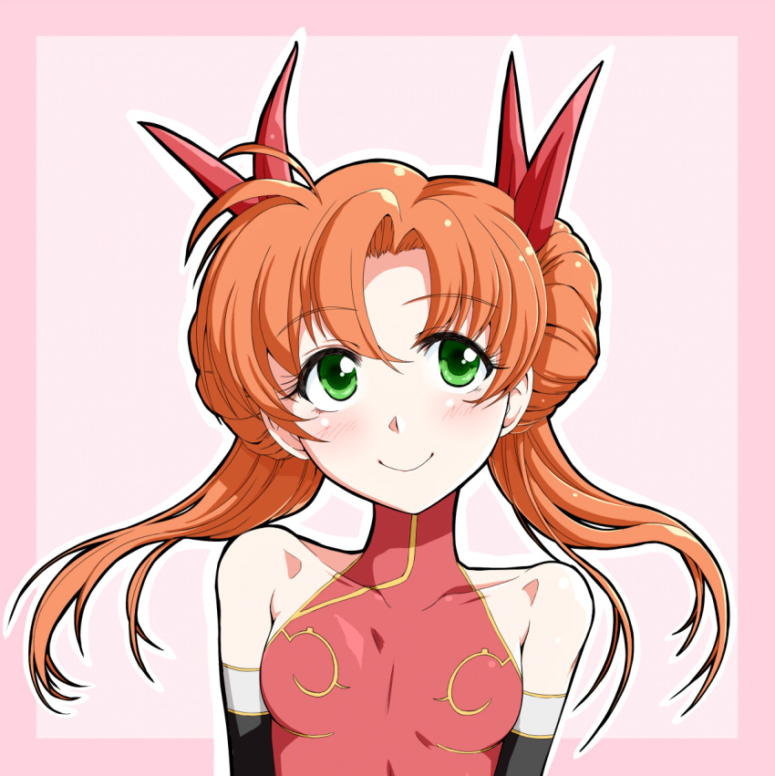 1girl :d bare_shoulders blush breasts detached_sleeves green_eyes hair_ribbon highres kyo9999 langrisser langrisser_iii leotard long_hair open_mouth orange_hair red_leotard red_ribbon ribbon simple_background small_breasts smile solo tiaris_(langrisser) turtleneck_leotard twintails upper_body