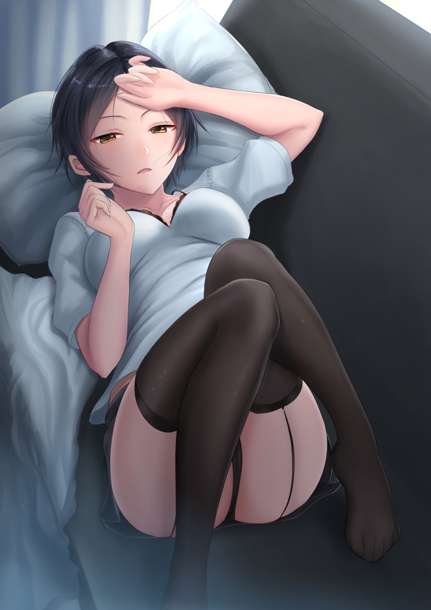 1girl :0 ass black_legwear black_panties black_skirt blanket blush breasts cameltoe collarbone couch dark_blue_hair garter_straps hand_on_forehead hayami_kanade highres idolmaster idolmaster_cinderella_girls knees_up looking_at_viewer lying medium_breasts on_back on_couch open_mouth panties parted_hair pillow shirt shogun_(a96040021) short_hair short_sleeves skirt solo thighhighs underwear upskirt waking_up white_shirt yellow_eyes