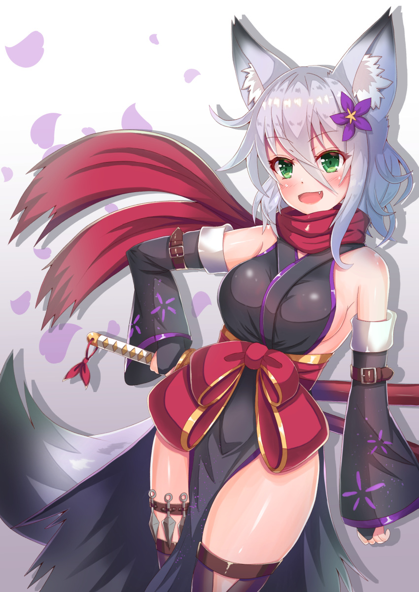 1girl :d animal_ear_fluff animal_ears bare_shoulders breasts cocoasabure commentary_request cowboy_shot detached_sleeves fang flower green_eyes hair_between_eyes hair_flower hair_ornament highres holding holding_sword holding_weapon japanese_clothes katana long_sleeves looking_at_viewer medium_breasts obi open_mouth original pelvic_curtain sash scarf sheath sheathed short_hair silver_hair smile solo sword tail thighhighs thighs weapon wolf_ears wolf_girl wolf_tail