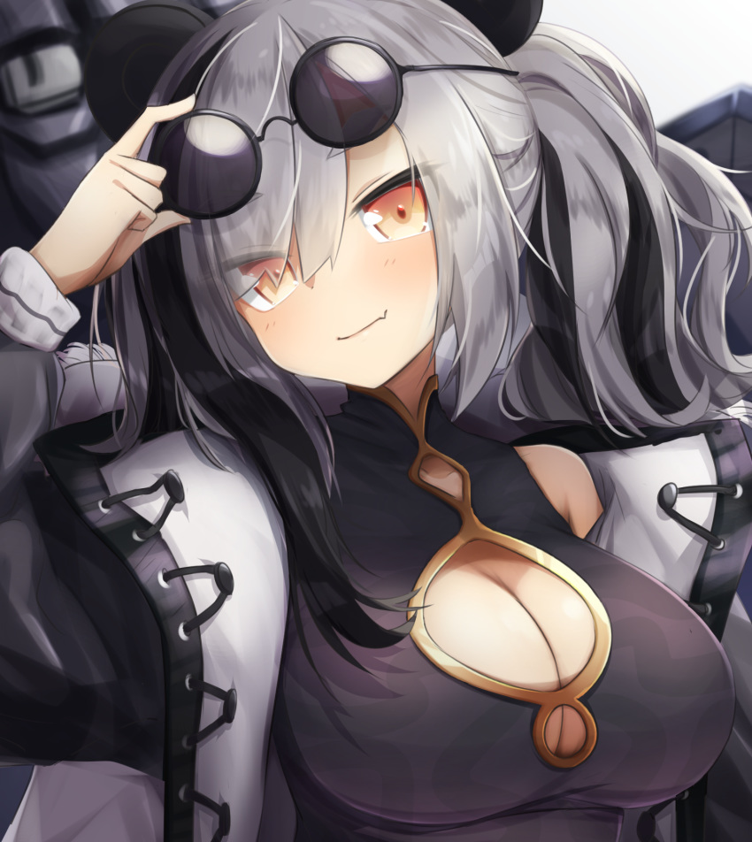 1girl animal_ears arknights arm_up bangs black_dress black_hair black_jacket blush breasts brown_eyes china_dress chinese_clothes cleavage cleavage_cutout commentary dress eyewear_on_head feater_(arknights) grey_background head_tilt highres jacket klaius large_breasts long_hair looking_at_viewer panda_ears silver_hair smile solo sunglasses upper_body