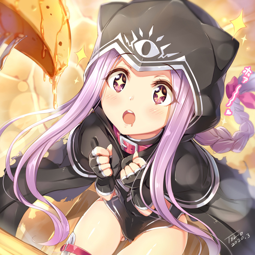 1girl bangs black_capelet black_cloak black_gloves black_leotard blush breasts capelet cloak collar covered_navel fate/grand_order fate_(series) fingerless_gloves food fork gloves highres hood hood_up hooded_cloak leotard long_braid long_hair medusa_(lancer)_(fate) open_mouth pancake parted_bangs purple_eyes purple_hair red_collar rider sidelocks solo sparkle syrup tel-o thighs very_long_hair younger