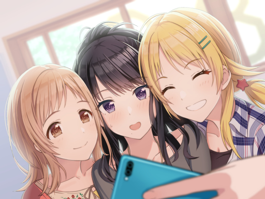 3girls :0 :d =d bangs black_hair blonde_hair blue_eyes blush breasts brown_eyes cellphone cellphone_camera cleavage closed_eyes collarbone eyebrows_visible_through_hair floral_print grey_shirt group_picture hachimiya_meguru hair_ornament hair_over_shoulder hairclip high_ponytail highres idolmaster idolmaster_shiny_colors indoors jacket kazano_hiori light_brown_hair macha0331 mole mole_under_mouth multiple_girls open_mouth phone plaid plaid_shirt red_jacket sakuragi_mano self_shot shirt sidelocks smartphone smile sweatdrop tan_shirt teeth window