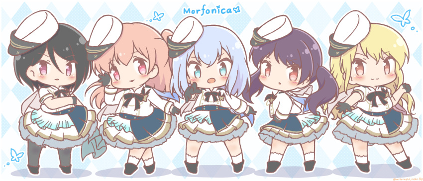 5girls :0 :3 argyle argyle_background asymmetrical_bangs asymmetrical_hair bang_dream! bangs bare_thighs black_footwear black_gloves black_hair black_legwear black_ribbon blonde_hair blue_background blue_butterfly blue_eyes blue_skirt blush_stickers brown_eyes bug butterfly chibi collared_dress commentary_request double-breasted eyebrows_visible_through_hair full_body futaba_tsukushi gloves group_name hair_between_eyes half_gloves hand_up hat highres hiromachi_nanami insect kirigaya_touko kurata_mashiro layered_skirt long_hair long_sleeves looking_at_viewer mini_hat mitarashi_neko_(aamr7853) morfonica multiple_girls neck_ribbon one_side_up orange_hair pantyhose parted_lips pink_eyes profile purple_hair ribbon shadow sheer_clothes short_hair short_sleeves side-by-side sidelocks silver_hair skirt smile socks standing tilted_headwear triangle_mouth twintails twitter_username uniform white_legwear white_uniform yashio_rui