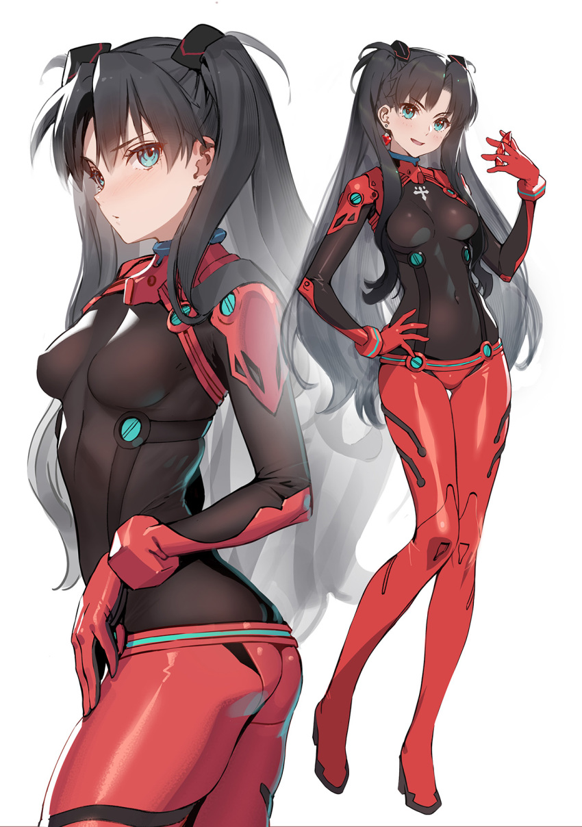 1girl :d alternate_costume ass ass_visible_through_thighs bangs between_fingers black_hair blush bodysuit breasts covered_navel earrings eyebrows_visible_through_hair fate/stay_night fate_(series) full_body gem hair_ornament hand_on_hip highres jewelry long_hair looking_at_viewer multiple_views neon_genesis_evangelion open_mouth parted_bangs parted_lips plugsuit ruby_(gemstone) siino simple_background skin_tight small_breasts smile standing test_plugsuit thigh_gap toosaka_rin two_side_up v-shaped_eyebrows very_long_hair white_background