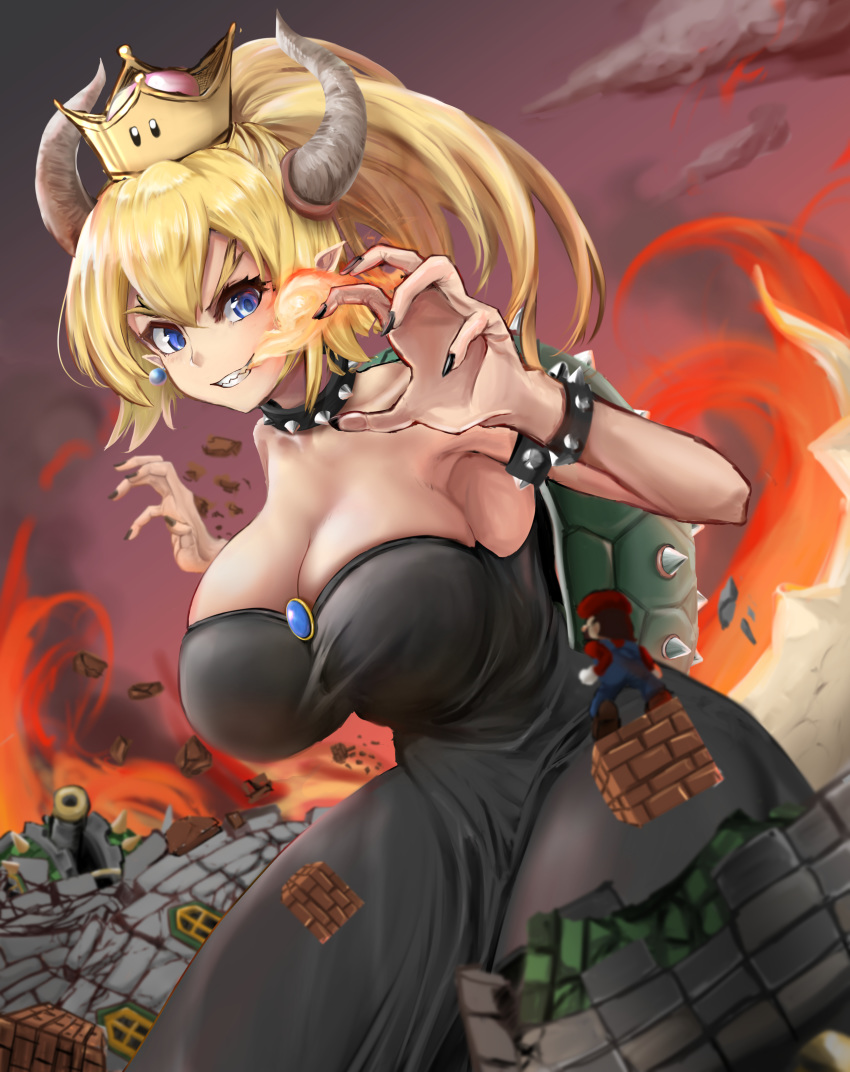 1boy 1girl absurdres armlet armpits black_collar black_dress black_nails blonde_hair blue_earrings blue_eyes bowsette bracelet breasts breathing_fire brown_hair claw_pose cleavage collar commentary_request crown dress dutch_angle earrings evil_grin evil_smile facial_hair fingernails fire forked_eyebrows giant giantess grin hair_between_eyes hands_up hat high_ponytail highres horns jewelry large_breasts long_hair looking_at_another mario mario_(series) mustache new_super_mario_bros._u_deluxe outdoors overalls pointy_ears sharp_fingernails sharp_teeth short_hair size_difference smile solo_focus spiked_armlet spiked_bracelet spiked_collar spiked_shell spiked_tail spikes standing strapless strapless_dress super_crown super_mario_bros. sweater tail teeth tomoshibi_(fuuzen_no_tomoshibi) turtle_shell v-shaped_eyebrows