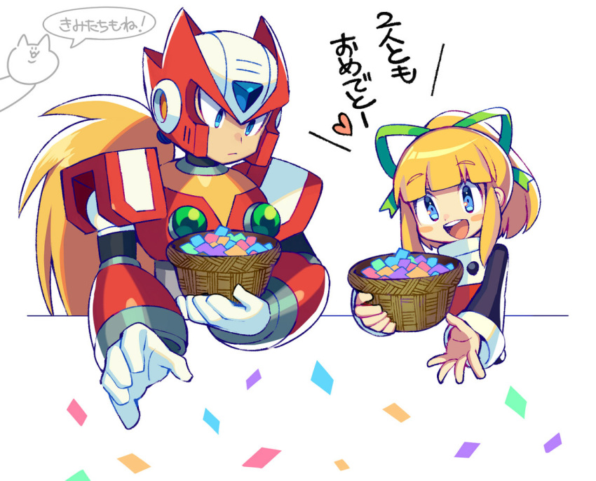 1boy 1girl basket blonde_hair blue_eyes blush closed_mouth confetti eyebrows_visible_through_hair green_ribbon hair_ribbon heart holding holding_basket iroyopon long_hair long_sleeves looking_at_another looking_away medium_hair open_mouth ribbon rockman rockman_(classic) rockman_zero roll short_ponytail smile speech_bubble translation_request upper_teeth very_long_hair zero_(rockman)
