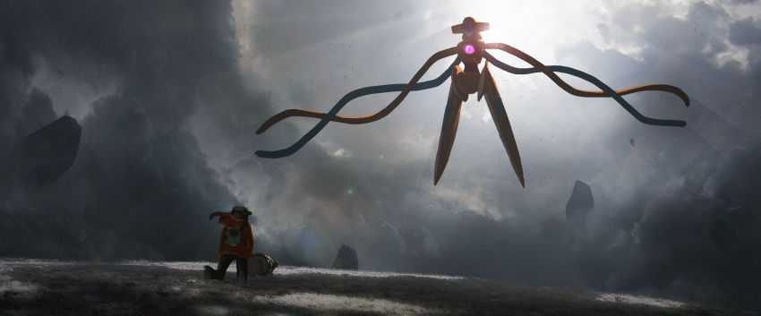 1other absurdres asteroid_ill backlighting cloud cloudy_sky deoxys deoxys_(normal) floating gen_3_pokemon grass hat highres kneeling legendary_pokemon pokemon pokemon_(creature) rock sky zigzagoon