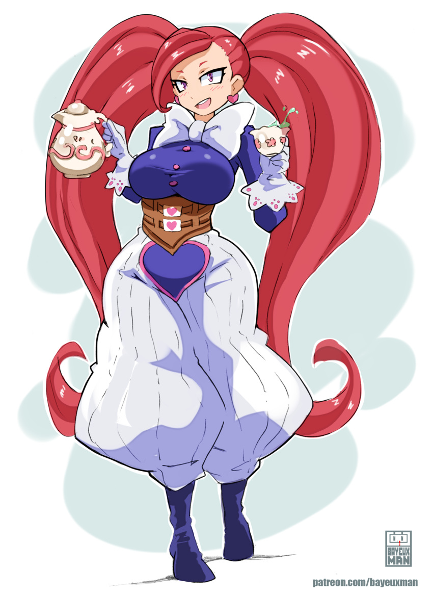 :d artist_name bayeuxman blue_footwear blush boku_no_hero_academia breasts buttons commentary cup dress earrings full_body gloves happy heart highres holding holding_cup holding_teapot jewelry la_brava large_breasts long_hair looking_at_viewer open_mouth pink_eyes red_hair short_eyebrows smile standing teapot twintails very_long_hair watermark web_address white_gloves