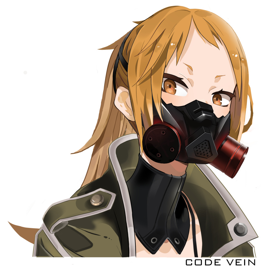 1girl brown_eyes coat code_vein gas_mask gas_mask_canister green_coat highres looking_at_viewer mask masked monone mouth_mask murasame_rin_(code_vein) orange_hair ponytail portrait solo